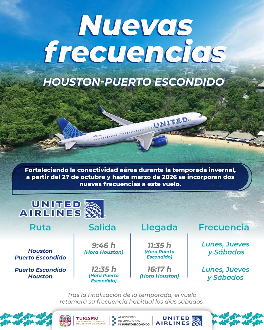 Aumentan las frecuencias del vuelo Houston-Puerto Escondido por temporada invernal Sectur