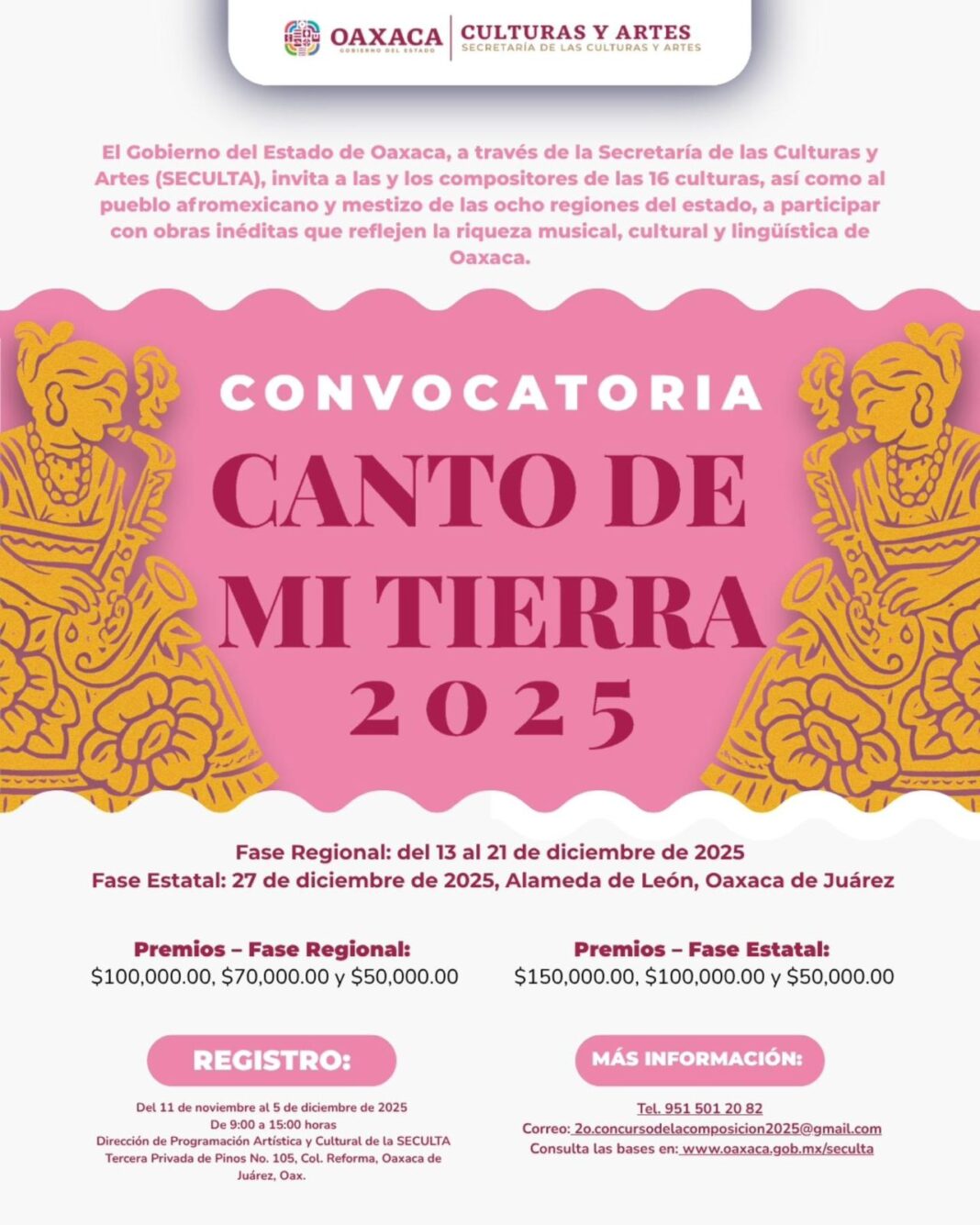 Continúa abierta la convocatoria del 2º Concurso de Composición de la Canción Oaxaqueña “Canto de mi Tierra” Seculta