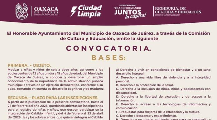 Convocan a integrar el Cabildo Infantil y Juvenil 2026 en Oaxaca de Juárez