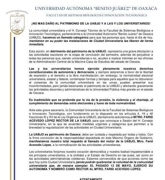 UNIDADES ACADÉMICAS RESPALDAN AL RECTOR Y EXIGEN LIBERACIÓN DE CIUDAD UNIVERSITARIA