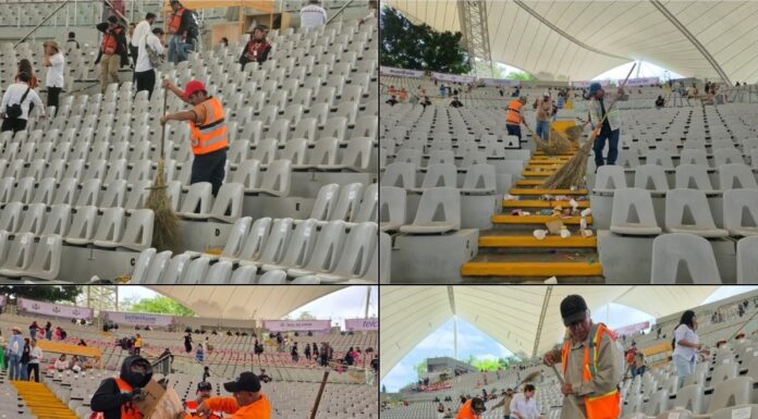 Cuadrillas de limpia preparan el Auditorio Guelaguetza para la edición vespertina de la Octava del Lunes del Cerro