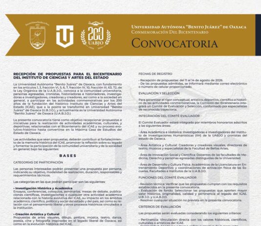 Convocatoria de la UABJO para la recepción de propuestas con motivo del Bicentenario del Instituto de Ciencias y Artes del Estado