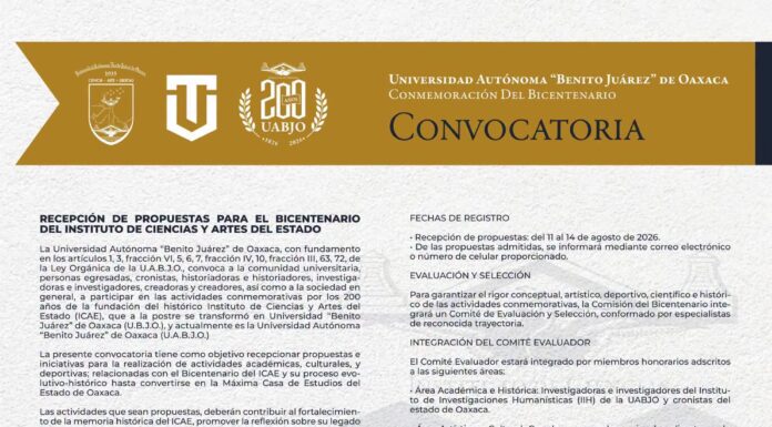 Convocatoria de la UABJO para la recepción de propuestas con motivo del Bicentenario del Instituto de Ciencias y Artes del Estado